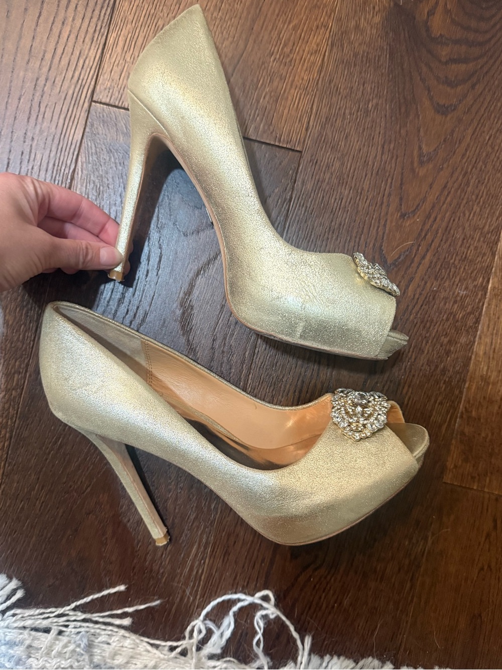 Badgley Mischka Gold Peep-Toe High Heels with Crystal Heart Accent